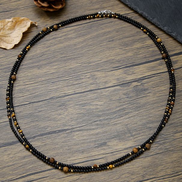 Fever Same Style Small Gold Bead Necklace For Men Exaggerated Ultra Thin Stacked Black Agate Tiger Eye Stone Beaded Long Necklace_ipsvogv.com