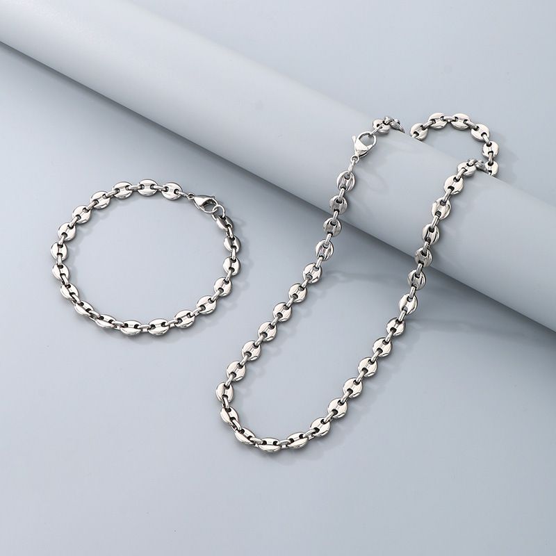 Simple High Grade Stainless Steel Pig Nose Coffee Bean Bracelet Necklace Chain Vacuum Gold Pig Nose Chain Set_ipsvogv.com