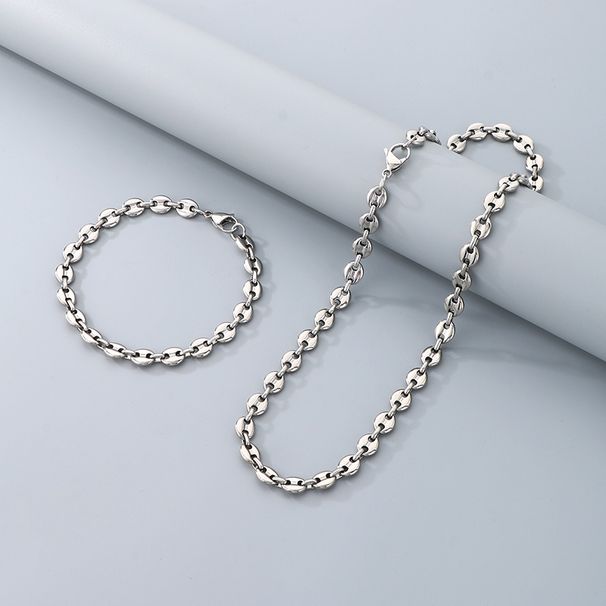 Simple High Grade Stainless Steel Pig Nose Coffee Bean Bracelet Necklace Chain Vacuum Gold Pig Nose Chain Set_ipsvogv.com