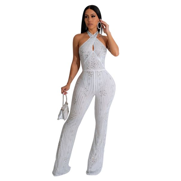 Women's solid color hot diamond sleeveless halterneck trousers jumpsuit_ipsvogv.com