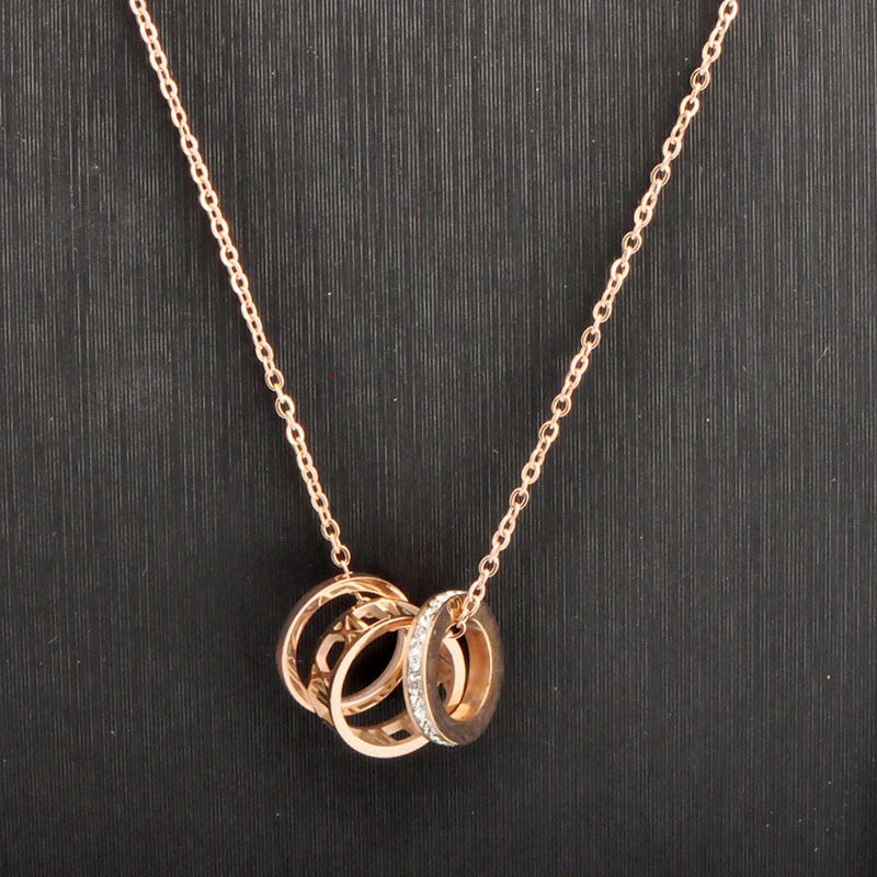 Women's Jewelry Titanium Steel Roman Numeral Three Ring Diamond Lip Chain Personality Creative Pendant Rose Gold Plated Short Necklace_ipsvogv.com