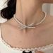 Sweet Korean Style Double Layer Stacked Bowknot Pearl Hot Girl Ribbon Necklace Elegant Collarbone Chain Versatile_ipsvogv.com