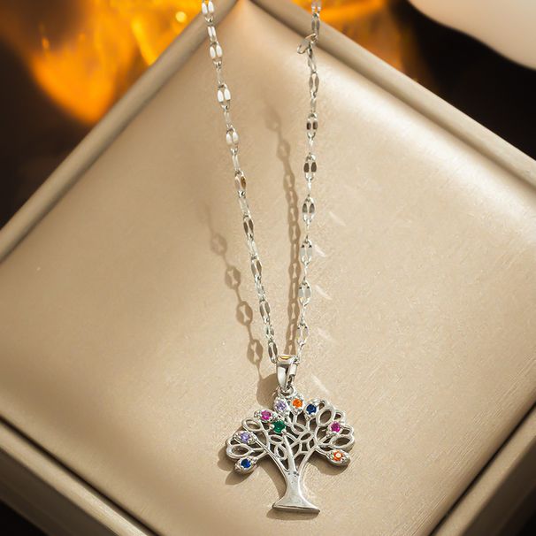Hollow out Life Tree Necklace Ornament Colorful Diamond Wisdom Tree Pendant Female Gold Collar Chain Color Preservation_ipsvogv.com