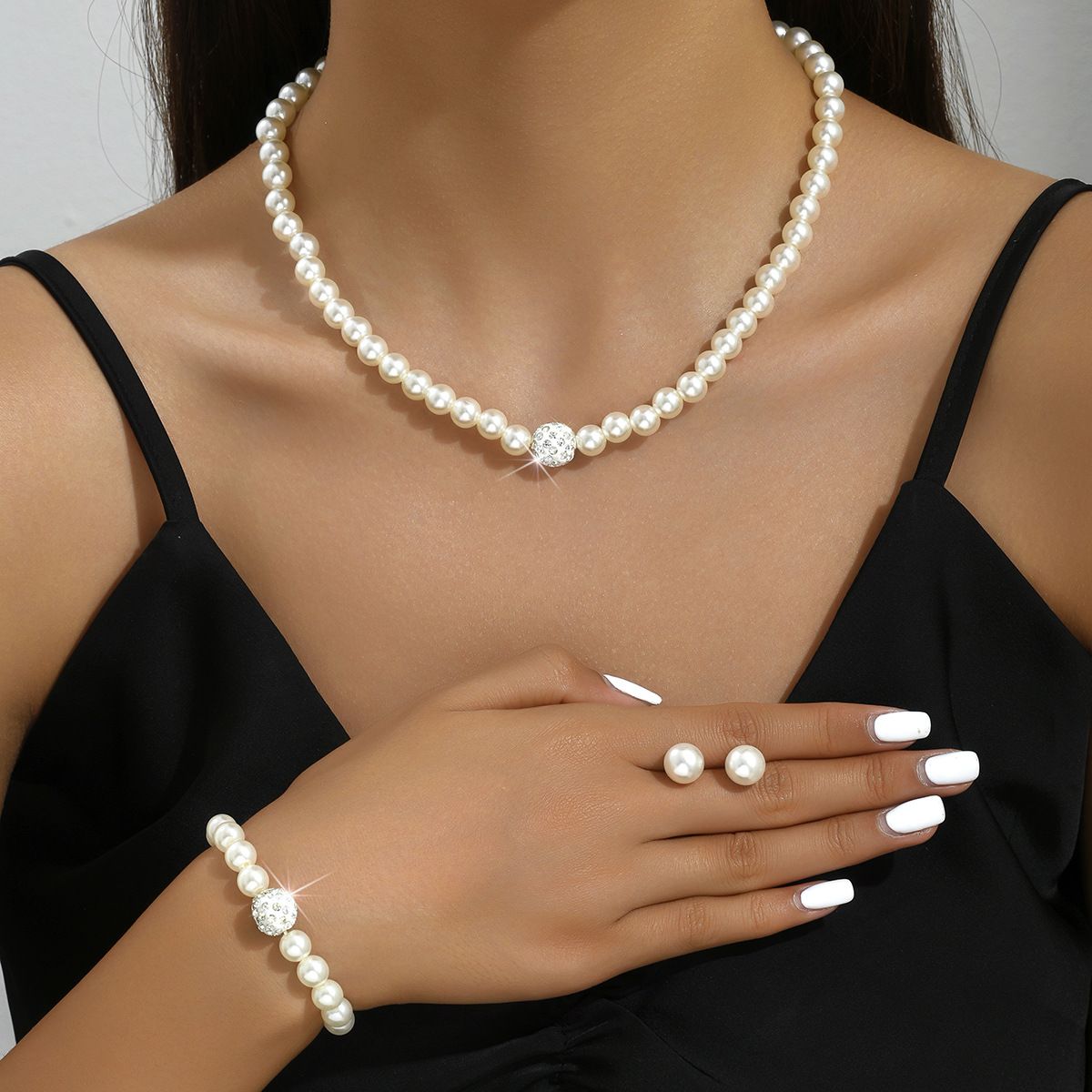 Pearl Jewelry Women Necklace Earrings Bracelet Three-Piece Set Gift For Mom Beautiful Wedding Photo Accessories_ipsvogv.com