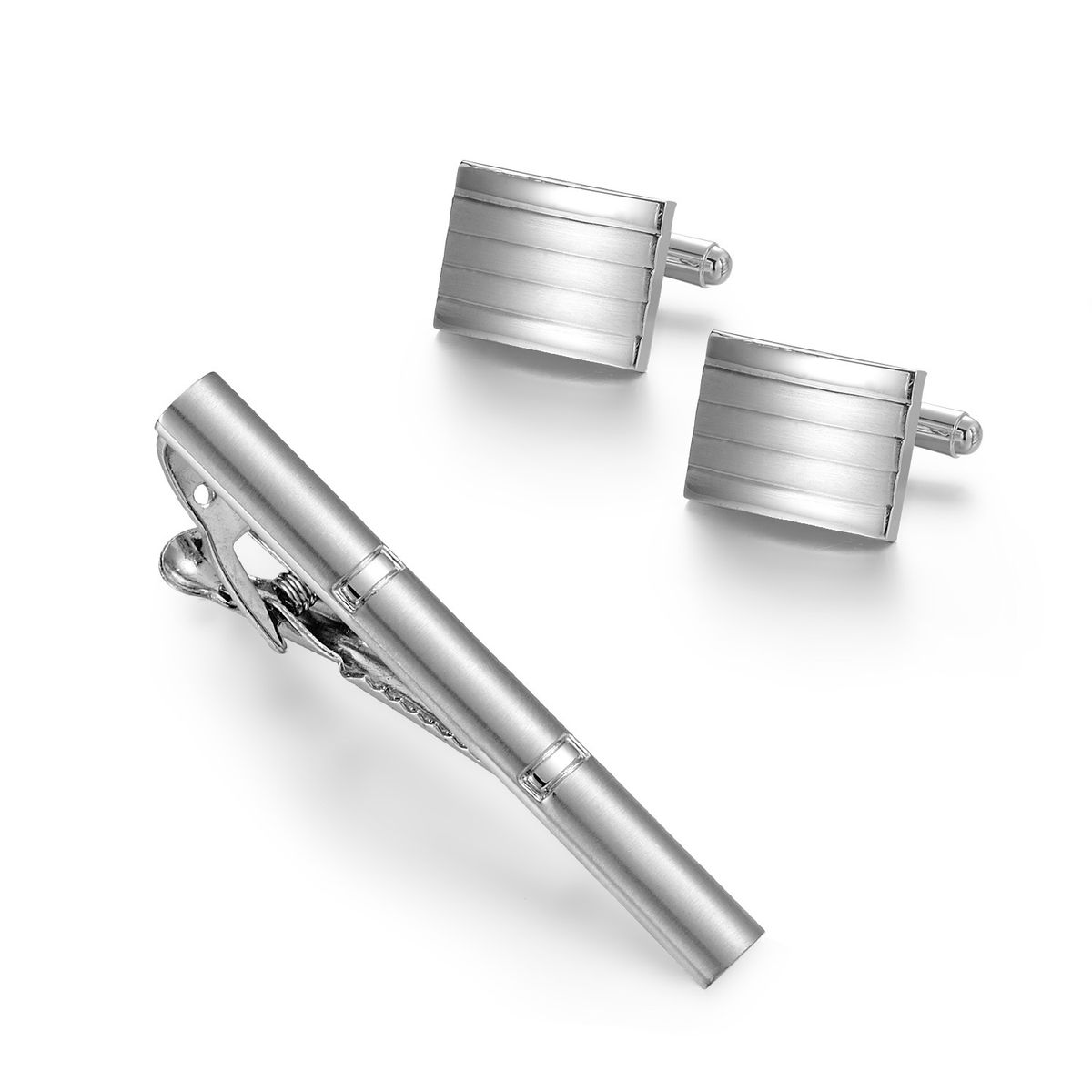 Men's Business Tie Clip Cufflinks Set Simple Silver Striped Tie Clip Suit Accessories Hot Sale_ipsvogv.com