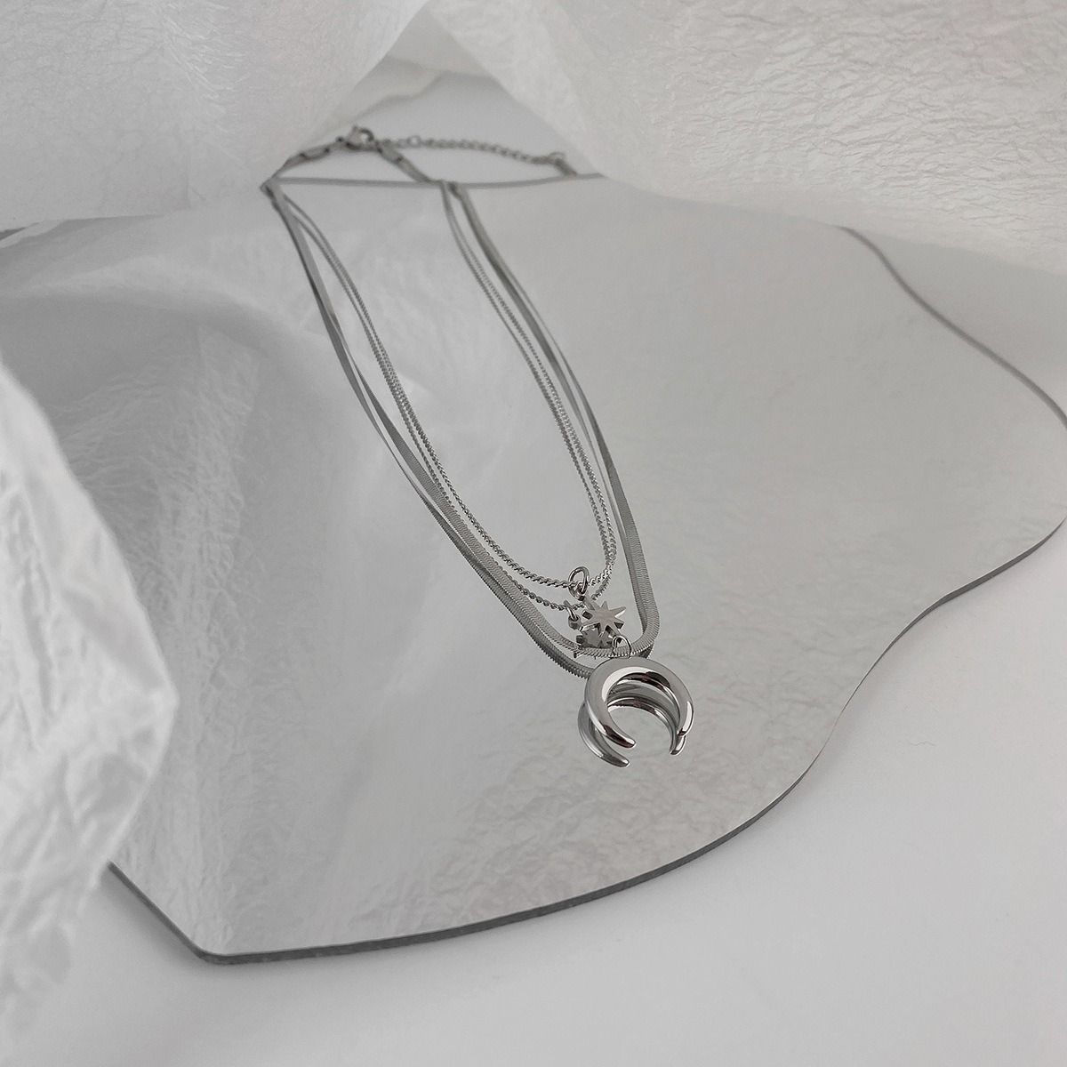 Mangxing Moon Double Layer Titanium Steel Necklace For Men, Minimalist Accessories, Flat Snake Chain, Niche Stacking_ipsvogv.com