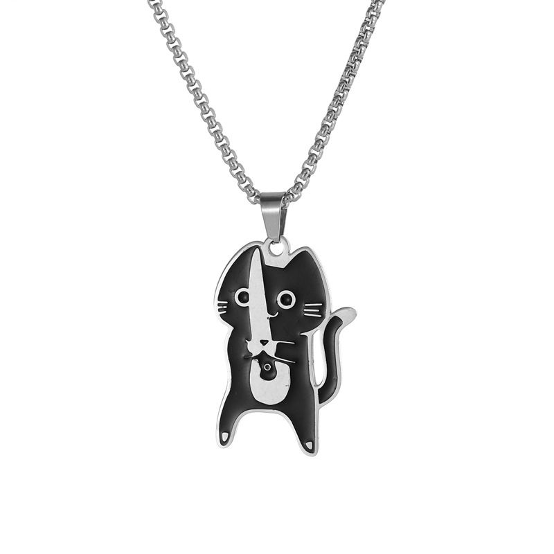 hot selling cute cartoon stainless steel black warrior kitten oil drop necklace niche design pendant_ipsvogv.com