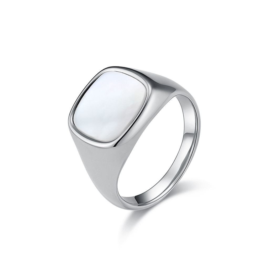 Light luxury style square seal inlaid shell titanium steel ring men and women wedding ring commuting fashion wear accessories_ipsvogv.com
