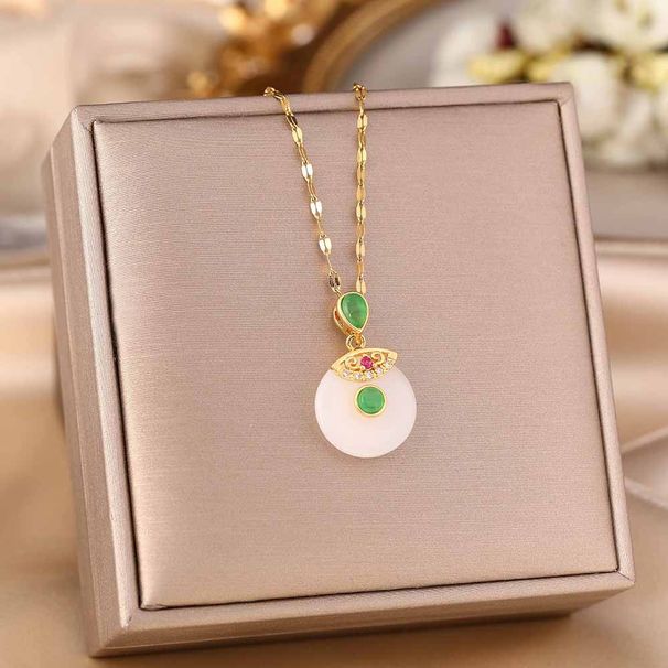White Jade Pith Safety Clasp Women Gold Inlaid With Hotan Jade Pendant Colorfast Titanium Steel Bone Chain Light Luxury_ipsvogv.com