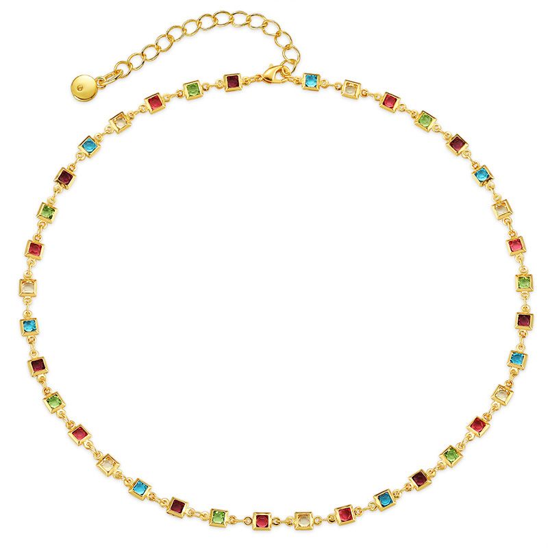Yiwu Jewelry Square Colored Zircon Creative Niche Design Versatile Handmade Bead Genuine Gold Necklace_ipsvogv.com