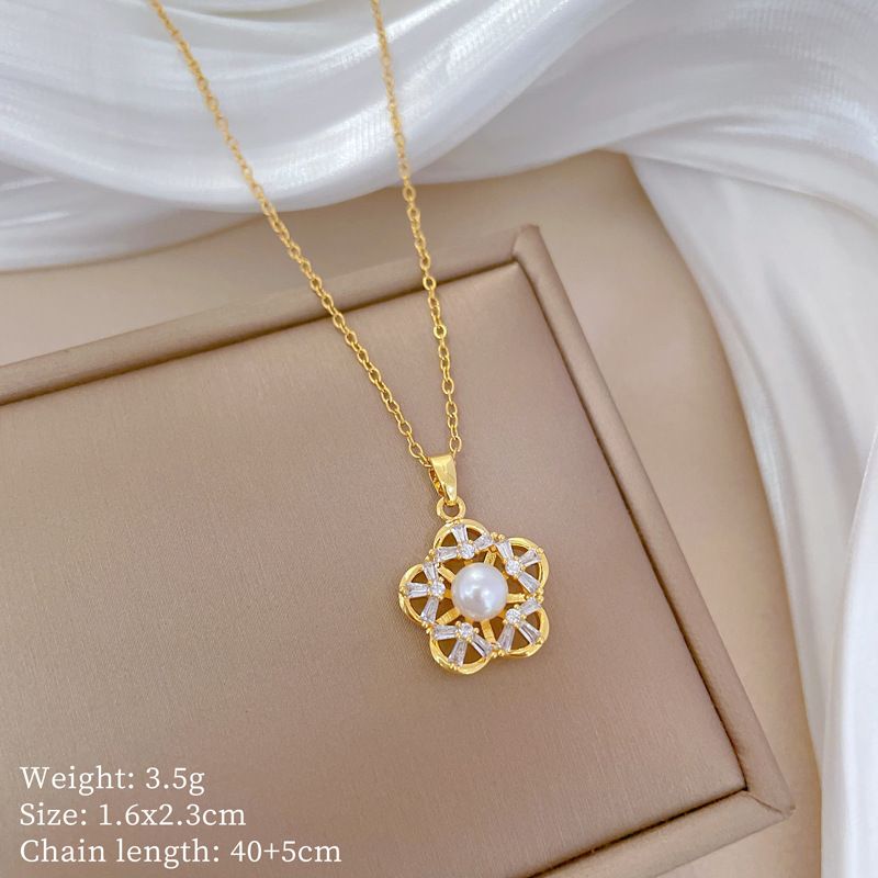 【 Titanium Steel 】 Necklace Earring Light Luxury Full Diamond Thread Hollow Five Leaf Flower Personalized Temperament_ipsvogv.com