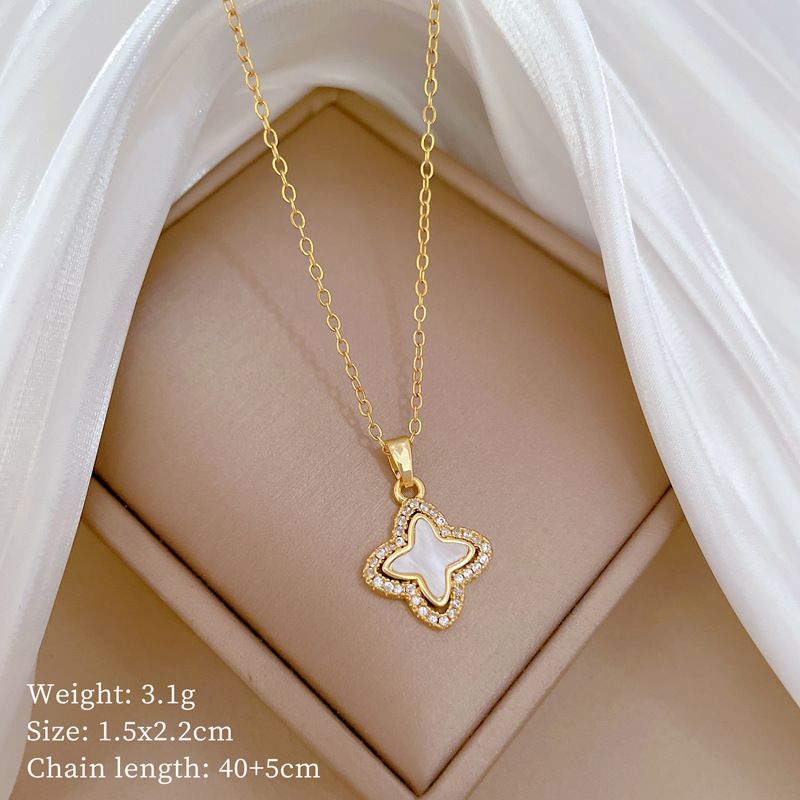 【 Titanium Steel 】 Lucky Grass Shell Micro Inlaid Necklace Earring Set Light Luxury Personalized Temperament Earrings_ipsvogv.com
