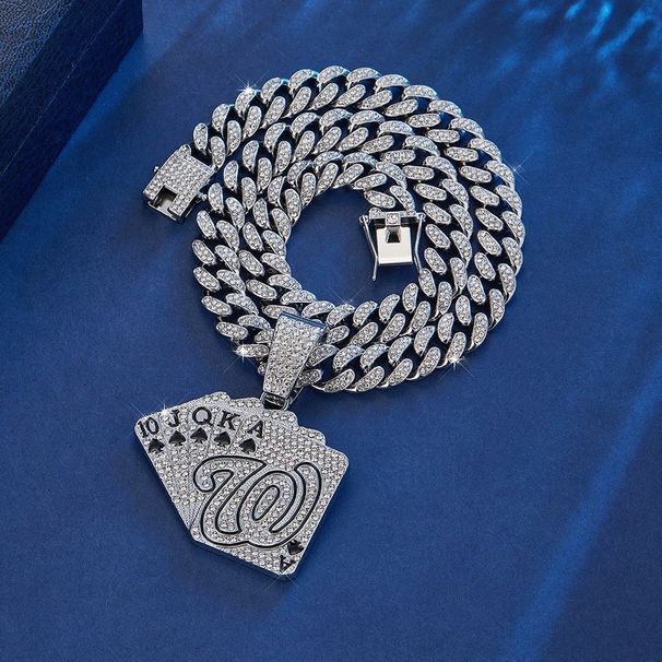 Trendy Personality Alphabet Playing Card Full Diamond 3D Pendant Cuban Necklace Nightclub Street Dance Clavicle Chain_ipsvogv.com