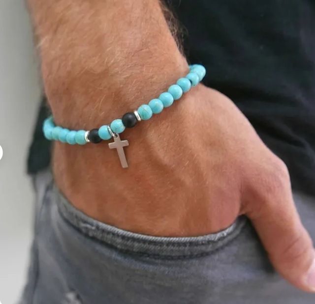 Bohemian Turquoise Beaded Bracelet Ethnic Style Cross Pendant Bracelet Turquoise Elastic Bracelet_ipsvogv.com