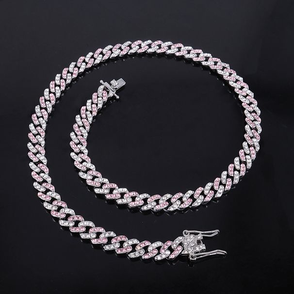 Men’s Jewelry Set Fashion Hot Selling 8mm Three Diamond Pink And White Integrated Buckle Necklace Trendy Men's Personality Hip Hop Diamond Cuban Chain_ipsvogv.com