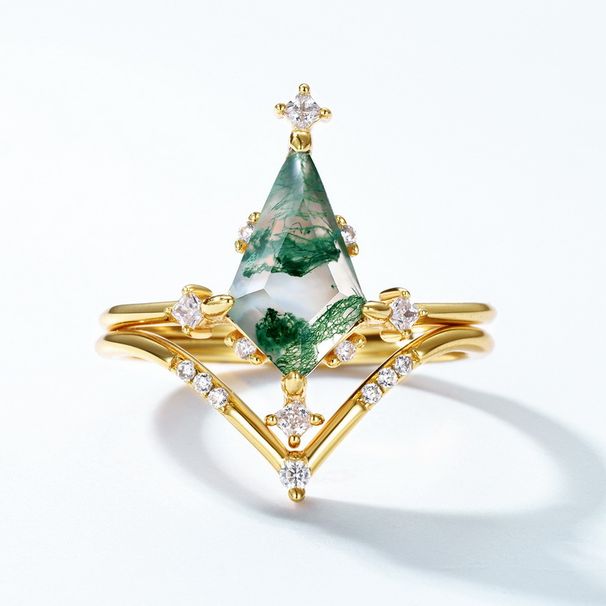 Green Moss Combination Ring Female S925 Silver Personality Unique Water Grass Agate Ring Light Luxury_ipsvogv.com