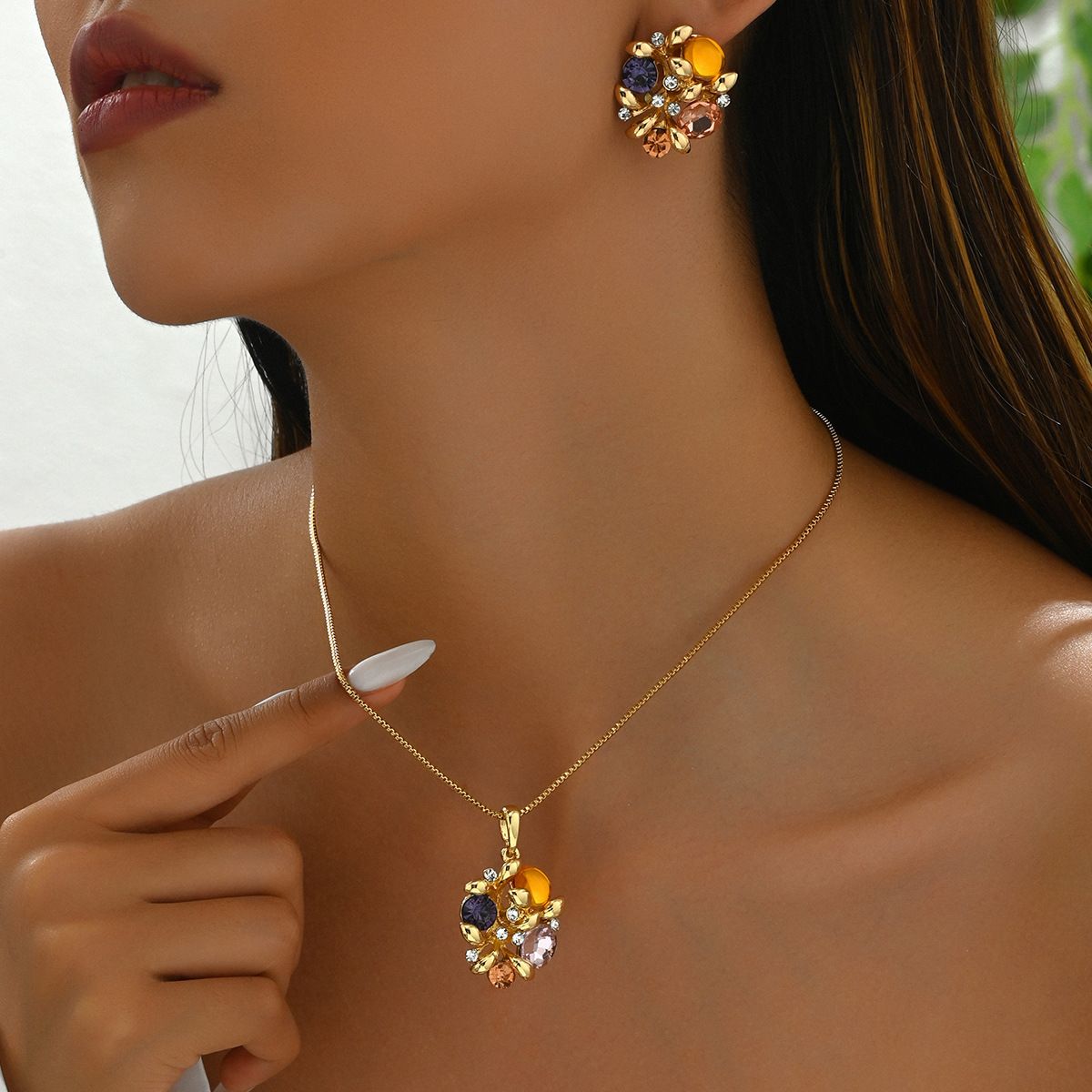 Geometric style women's inlaid long necklace jewelry set irregular earrings niche collarbone chain_ipsvogv.com
