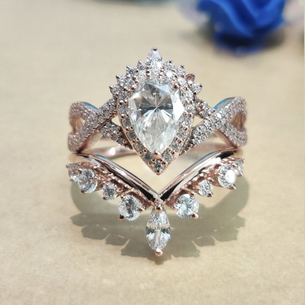 Sanjie's New Crown Water Drop Pear Shaped Plated With White Gold Zircon Horse Eye Engagement Women's Set Ring_ipsvogv.com