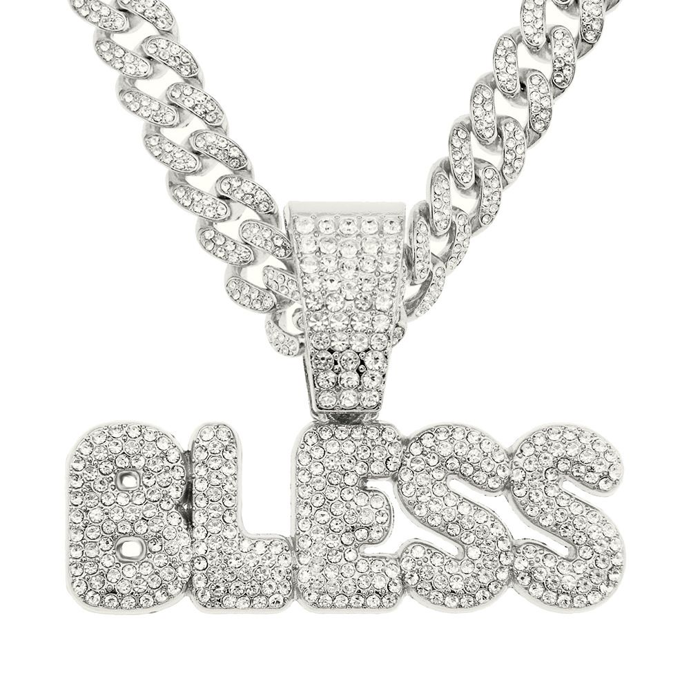 Cool diamond inlaid letter personalized splicing gold pendant necklace, popular new Cuban chain for men_ipsvogv.com