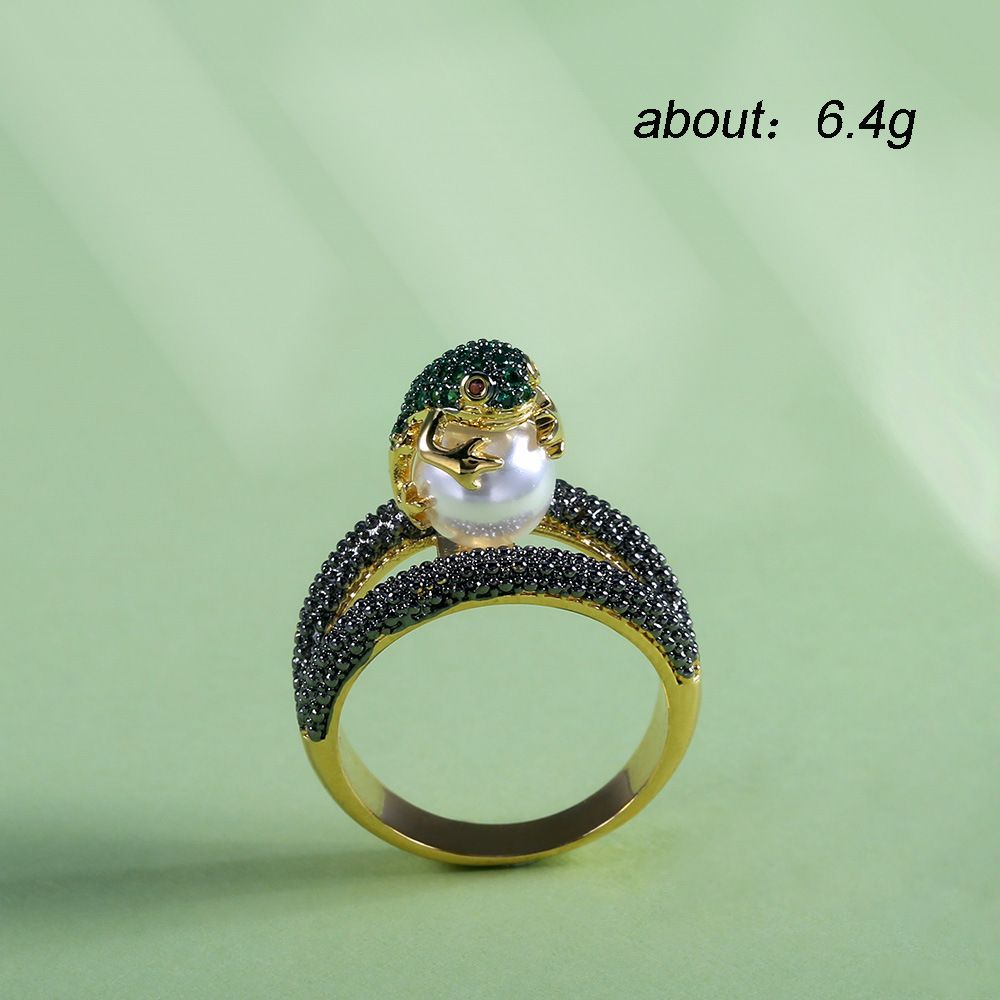 New Handmade Jewelry Copper Plated Color Coded Ring, Fashionable Frog Gold Toad Playful Pearl Ring_ipsvogv.com