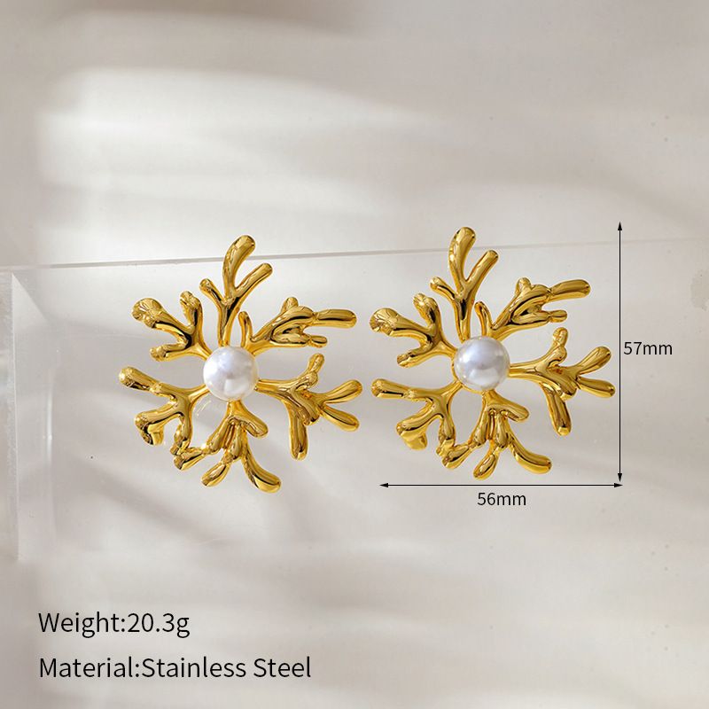 Women’s Jewelry Set Fashion Winter Hot Selling Super Large Flower Geometric Earrings Stainless Steel Coral Inlaid Pearl Irregular Smooth Earrings_ipsvogv.com
