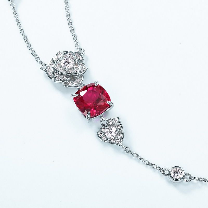 Simulated rose cultivation ruby long necklace S925 silver inlaid colored gemstone necklace fashionable light luxury_ipsvogv.com