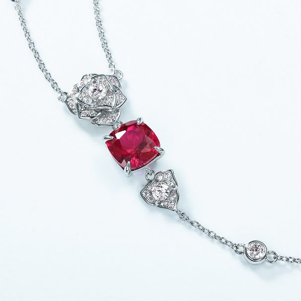 Simulated rose cultivation ruby long necklace S925 silver inlaid colored gemstone necklace fashionable light luxury_ipsvogv.com