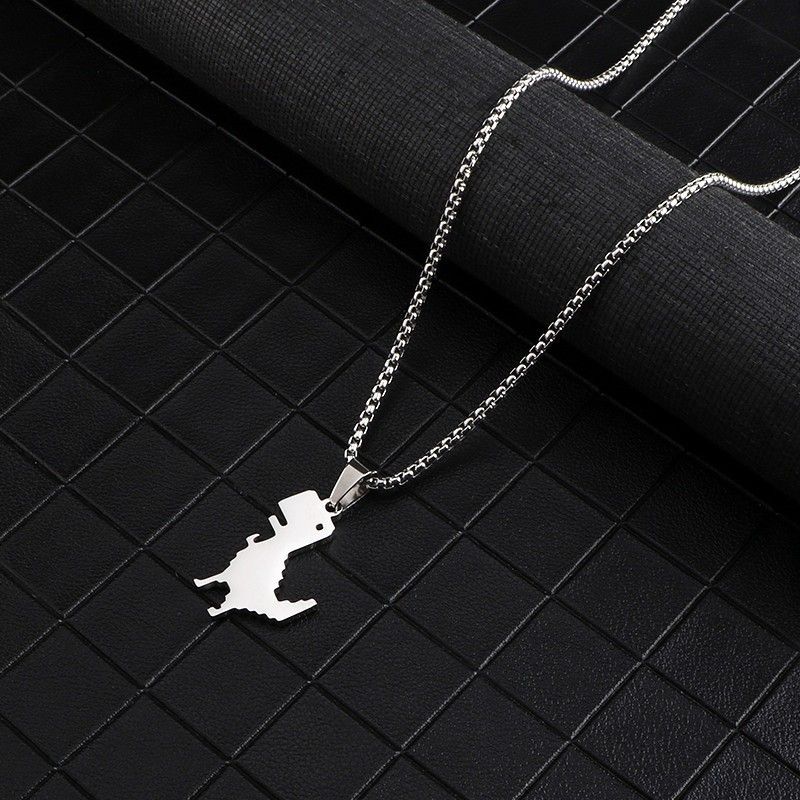 Cartoon cute little dinosaur pendant titanium steel necklace ins men and women personality simple pendant long sweater chain accessories_ipsvogv.com
