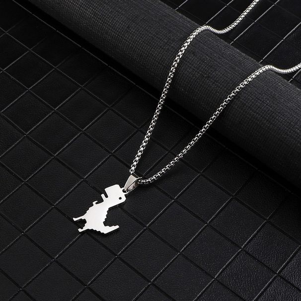 Cartoon cute little dinosaur pendant titanium steel necklace ins men and women personality simple pendant long sweater chain accessories_ipsvogv.com
