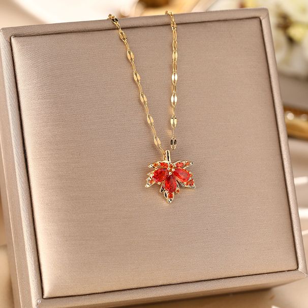 Internet Famous Titanium Steel Necklace With Zircon Red Maple Leaf For Women, Light Luxury And Versatile Collarbone_ipsvogv.com