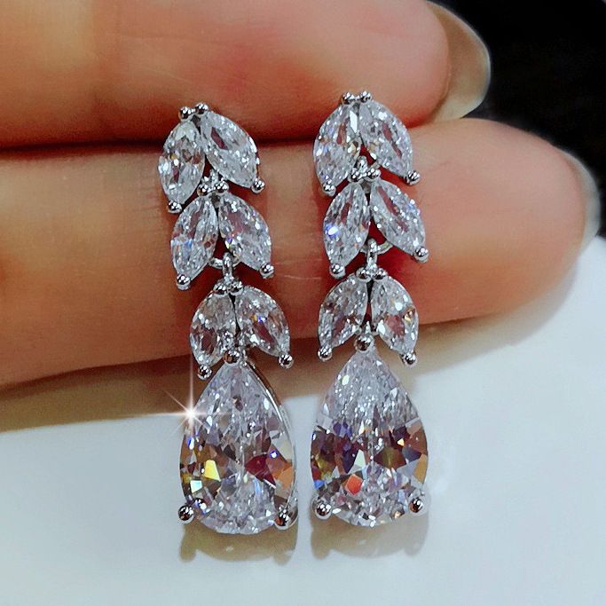 Cao Shi Jewelry Fashion Women's Mid Length Leaf Droplet Shaped Zircon Earrings_ipsvogv.com