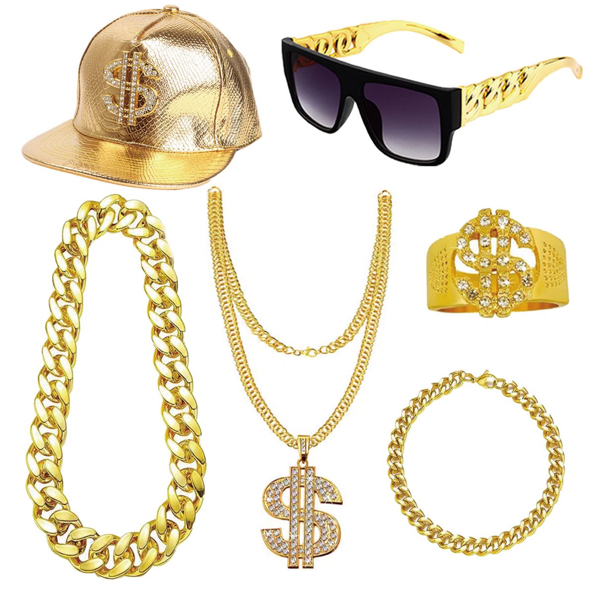 Newlon Rapper Performance Props, Hip-hop Flamboyant Alloy Necklace, USD Ring, Purple Lens Glasses_ipsvogv.com