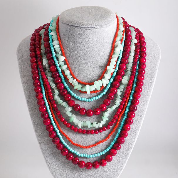 Fashion multi layer handmade rice beaded gravel necklace stacked turquoise personality women's jewelry_ipsvogv.com