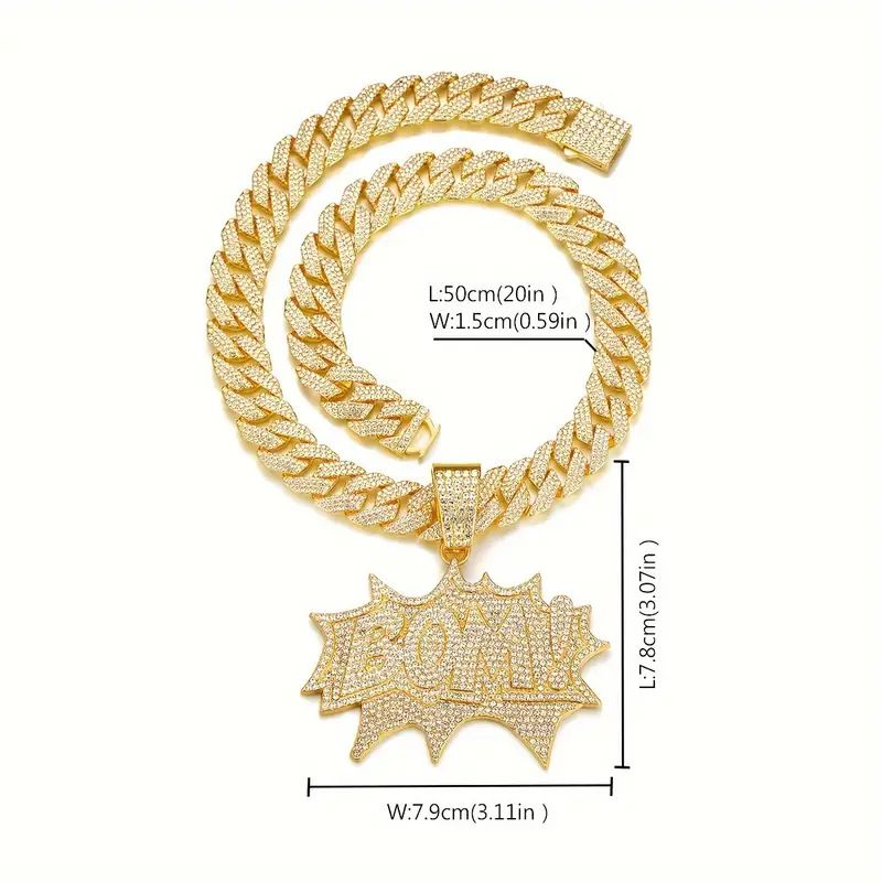 BOM Full Diamond Letter Cuban Chain Personality Hip-Hop Style Men's Daily Street Cool Pendant Necklace_ipsvogv.com