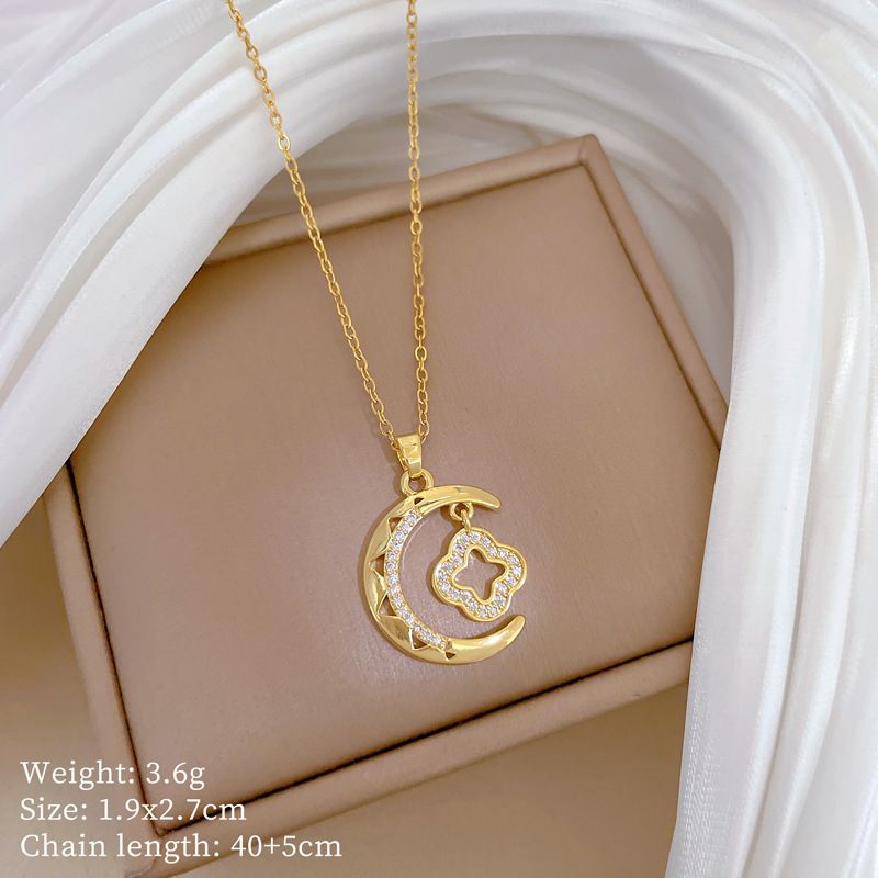 】 Moon 【 Lucky Grass Light Luxury Charm Gorgeous Full Diamond Necklace Women's Versatile Clavicle Chain Titanium Steel 【 】_ipsvogv.com