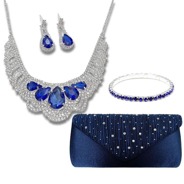Bridal jewelry blue teardrop necklace earrings bracelet four piece set satin hot diamond evening bag suit female_ipsvogv.com