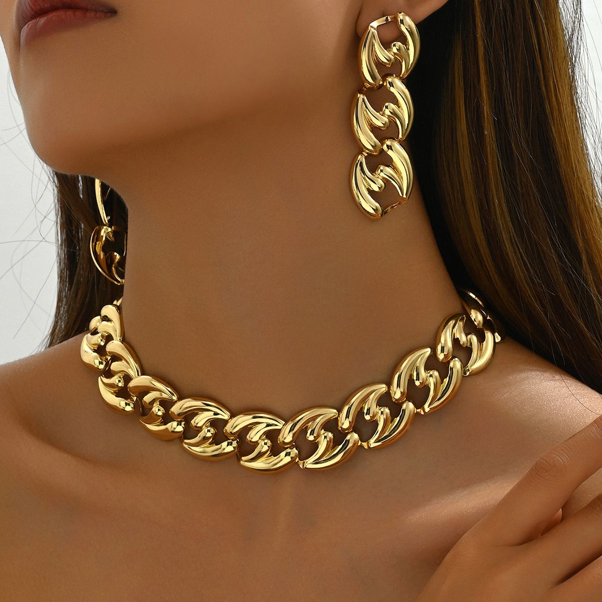 Hip hop style simple thick neck chain necklace, women's geometric exaggerated design, long earrings, necklace set_ipsvogv.com