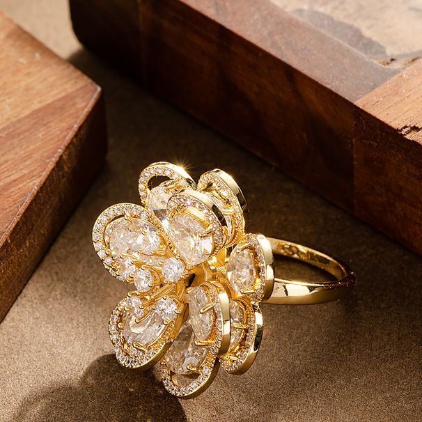 Korean Version Of Super Fairy Exquisite And Timeless Fashionable Diamond Inlaid Flower Opening Adjustable Ring For_ipsvogv.com