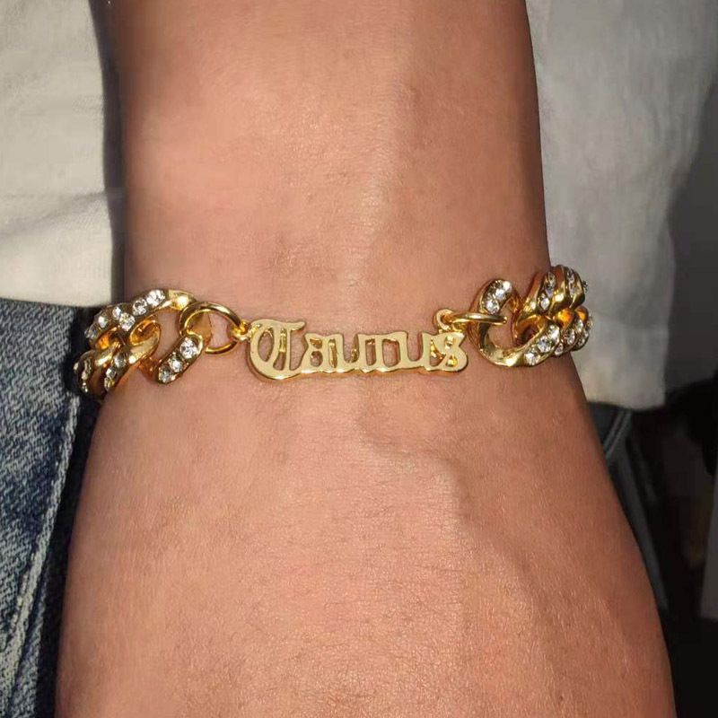 jewelry trendy ancient letter constellation Bracelet 12mm Diamond-embedded Cuban Bracelet female Bracelet_ipsvogv.com