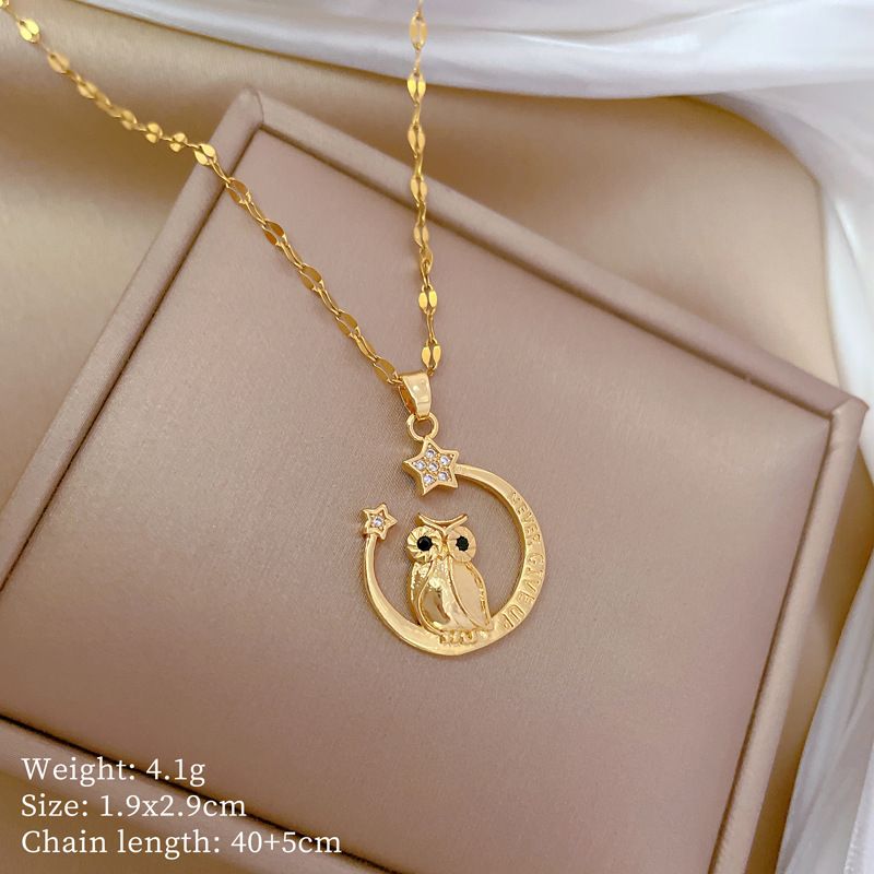 【 】 Moon Owl Light Luxury Charm Gorgeous Full Diamond Necklace Women's Versatile Clavicle Titanium Steel Chain_ipsvogv.com