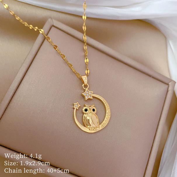 【 】 Moon Owl Light Luxury Charm Gorgeous Full Diamond Necklace Women's Versatile Clavicle Titanium Steel Chain_ipsvogv.com