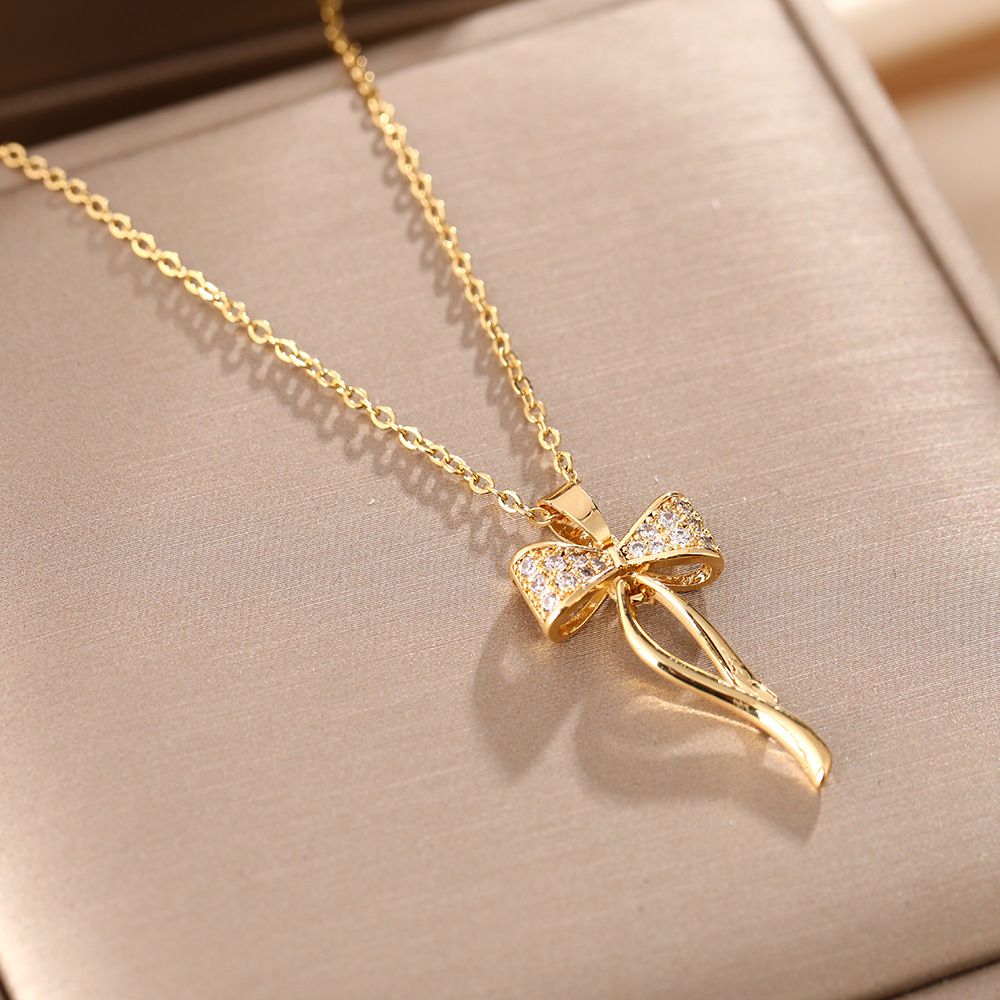 net Red Same Titanium Steel Necklace Women Fashion Micro Inla Bow Pendant Personalit Lad Clavicle Chain_ipsvogv.com