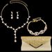 Fashion classic flower V neck rhinestone necklace earrings bracelet female evening bag versatile bridal set_ipsvogv.com