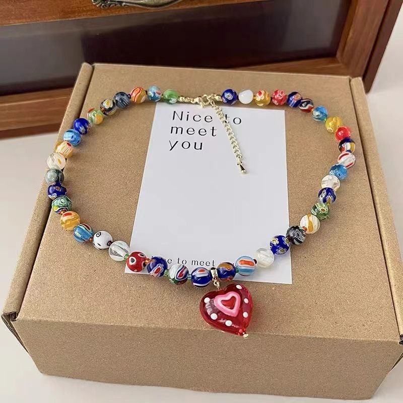 Women's Jewelry Set Fashion Sweet And Cool Style Colorful Beaded Necklace Red Love Retro Glass Pendant Clavicle Necklace Female New Accessories_ipsvogv.com
