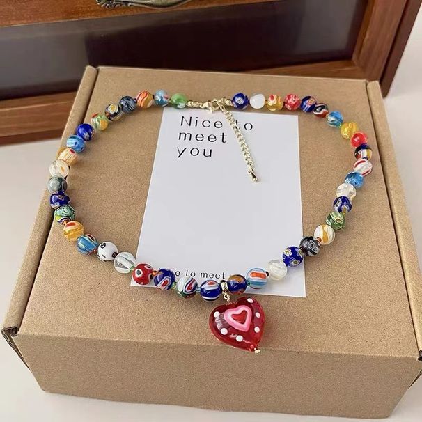 Women's Jewelry Set Fashion Sweet And Cool Style Colorful Beaded Necklace Red Love Retro Glass Pendant Clavicle Necklace Female New Accessories_ipsvogv.com