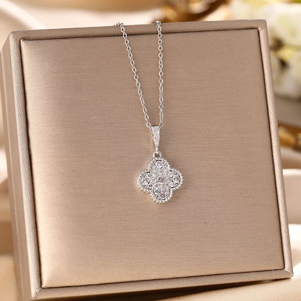 Korean Version Four Leaf Clover Titanium Steel Necklace For Women, Light Luxury, Niche, Diamond Inlaid Lucky Grass_ipsvogv.com