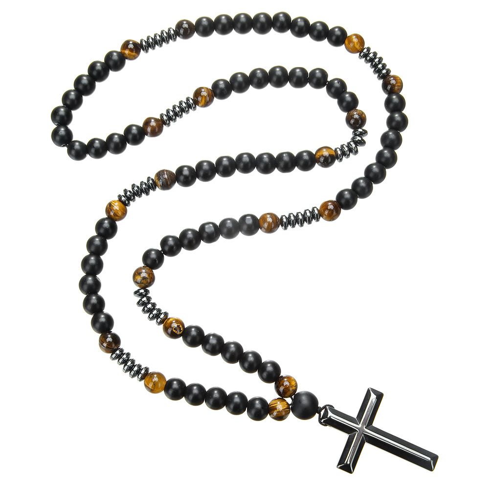 Hot Selling Natural Stone Black Gallstone Yellow Tiger Eye Iron Stone Cross Religious Men's Necklace Men's Hip Hop Necklace_ipsvogv.com