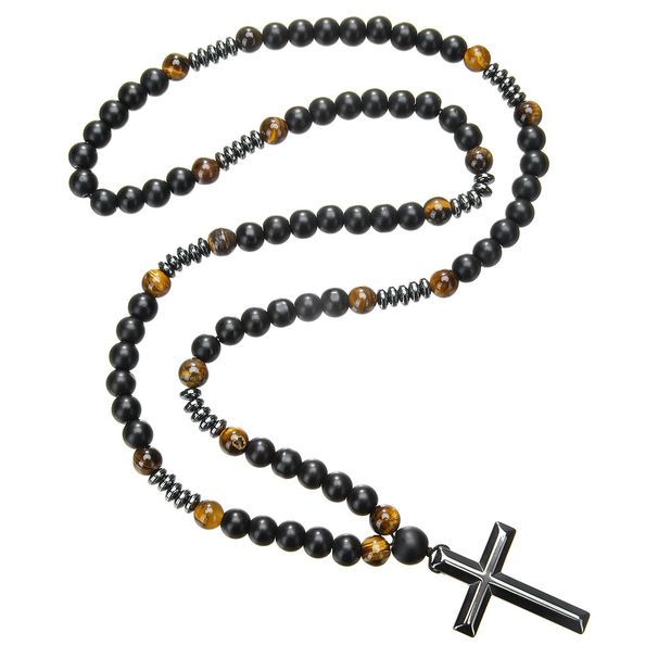 Hot Selling Natural Stone Black Gallstone Yellow Tiger Eye Iron Stone Cross Religious Men's Necklace Men's Hip Hop Necklace_ipsvogv.com