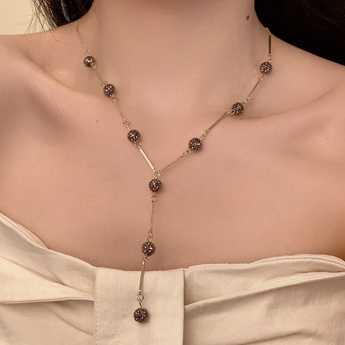 Small Niche Design, High-end Collar, Black Dark Women's Double-layer Crystal Laser Ball Necklace, Internet Famous_ipsvogv.com