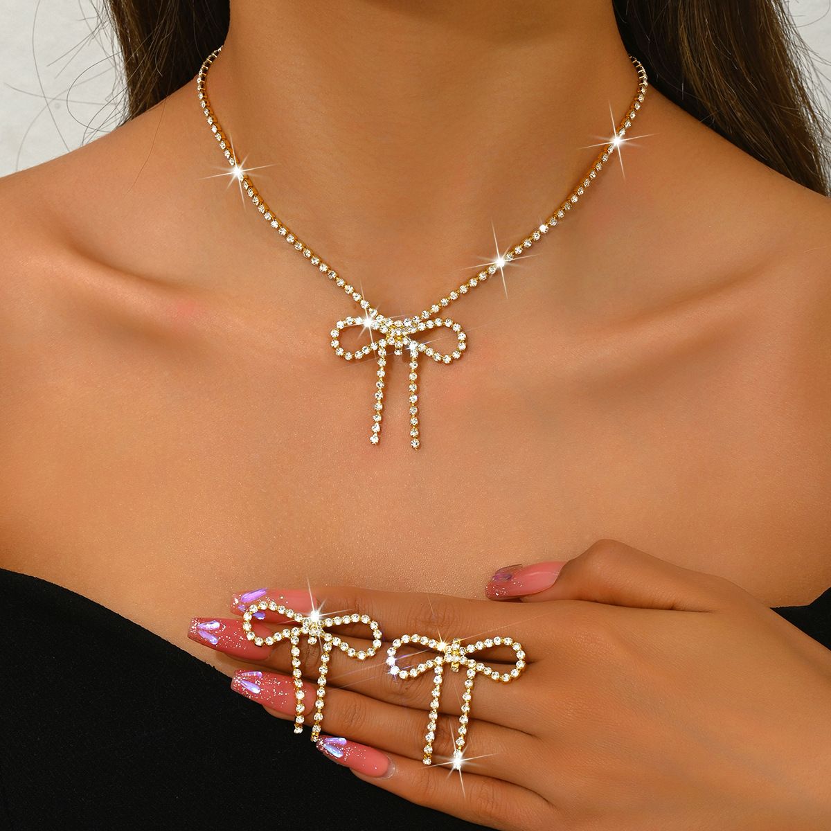 Women’s Jewelry Set Fashion Super Flash Claw Chain Full Diamond Bow Necklace Exaggerated Accessories Female Trendy Banquet Bridal Jewelry_ipsvogv.com